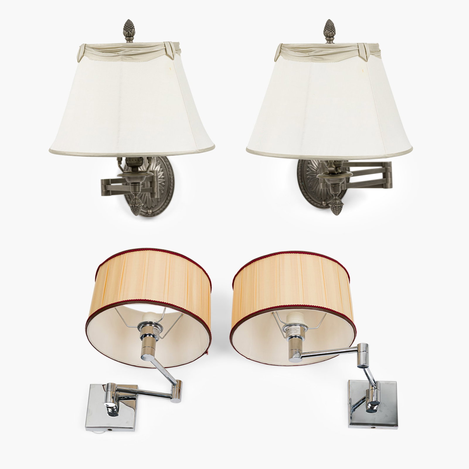 (2) Pair swing arm sconces: 20th c., including a chromed pair in the style of Hansen, labeled Zaneen Lighting, 9"h x 10"w x 19"d, and an antique pewter finished pair with foliate relief backplate and pinecone