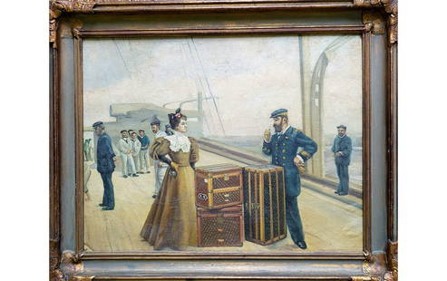 Trunks and Luggage, Louis Vuitton, Original Oil Painting, c. 1930s: Without Reserve An unsigned, original oil painting on canvasboard, most likely used as an image for advertising for Louis Vuitton trunks and luggage. Depicts a well-dressed male and female passenger o