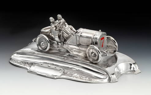 Rare Edwardian Inkstand Modeled on the 1907 Lorraine-Dietrich, c. 1907: Without Reserve An important and rare Edwardian silvered-metal inkstand modeled on the 1907 Lorraine-Dietrich, and depicts Arthur Duray, victor of the 1906 Circuit des Ardennes, and his riding mechani