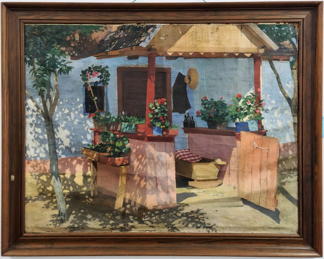 Arpad Romek (Hungarian painter, 1883-1960) - 'A baby's cradle on a shady balcony': Arpad Romek (Hungarian painter, 1883-1960) - 'A baby's cradle on a shady balcony', large painting, oil on canvas (flaws, peeling paint, and dirt: needs restoration and cleaning), signed. Image dimensi