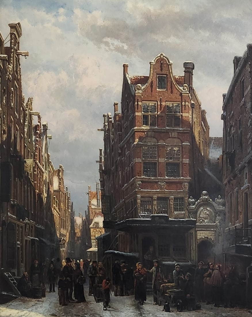Springer Cornelis- 'Figures on the street of Amsterdam': Springer Cornelis- 'Figures on the street of Amsterdam', dutch painter 1817-1891, 19th century, oil on wooden board. The board is intact Signed and dated: 1871, Dimensions: 47X60 cm, Frame dimensions: