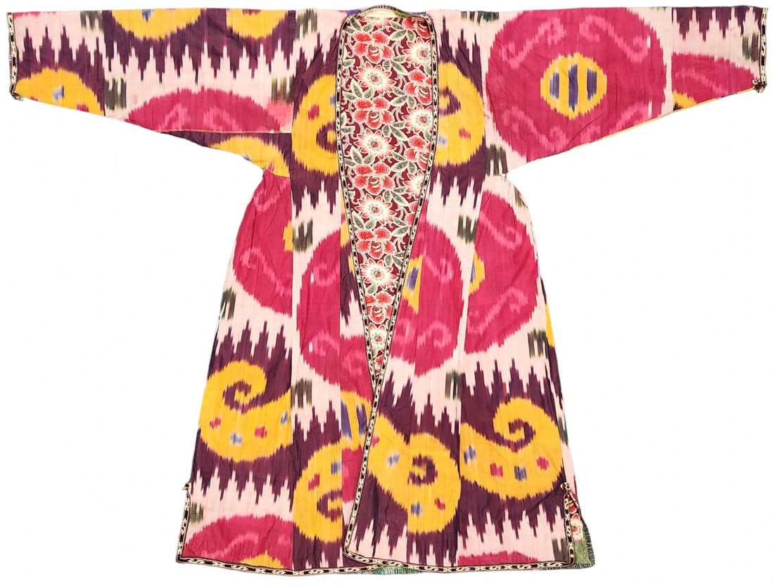 An antique 'Chapan' robe, more than a century old: An antique 'Chapan' robe, more than a century old, made of Ikat Fabric, Uzbekistan, late 19th or early 20th century, Width: 170 cm, Height: 128 cm. Period: 19th century