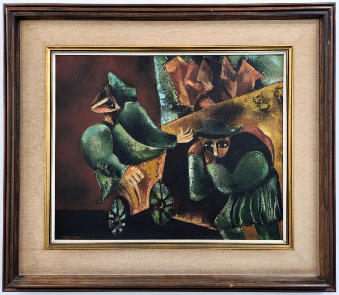 Ora Singer - 'Two Jews and a wheelbarrow' - large painting: Ora Singer - 'Two Jews and a wheelbarrow' - large painting, oil on canvas, signed. Dimensions: 51X60 cm, Frame dimensions: 73X85 cm. Period: 20th century