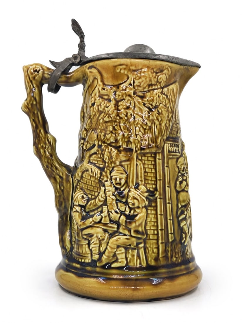 Antique French Jug by 'Anci Mouzin, Lecat & Cie', Majolica and Pewter: Antique French Jug by 'Anci Mouzin, Lecat & Cie', Majolica and Pewter, based on a model by 'Sarreguemines'. Decorated with raised panoramic reliefs depicting figures outside a Jewish-owned tavern (a S
