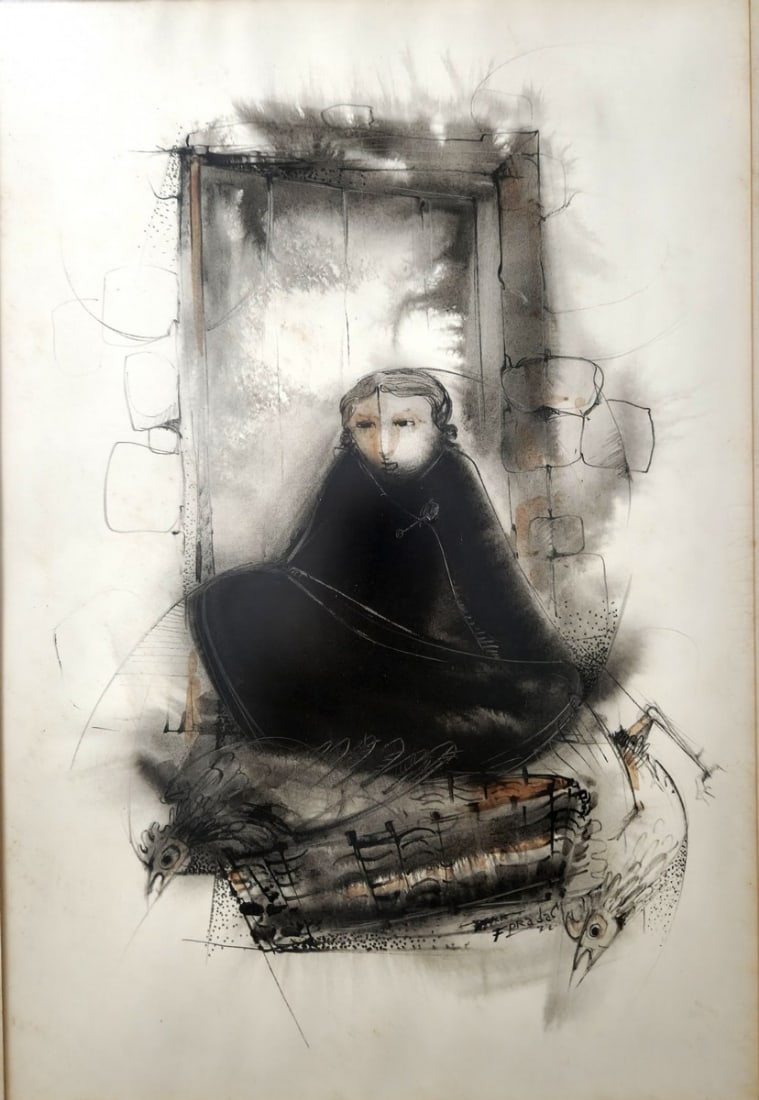 'The Hen Lady' - Drawing and watercolor on paper, signed: 'The Hen Lady' - Drawing and watercolor on paper, signed, dated 1872 Dimensions: 47X32 cm Frame dimensions: 61X46 cm