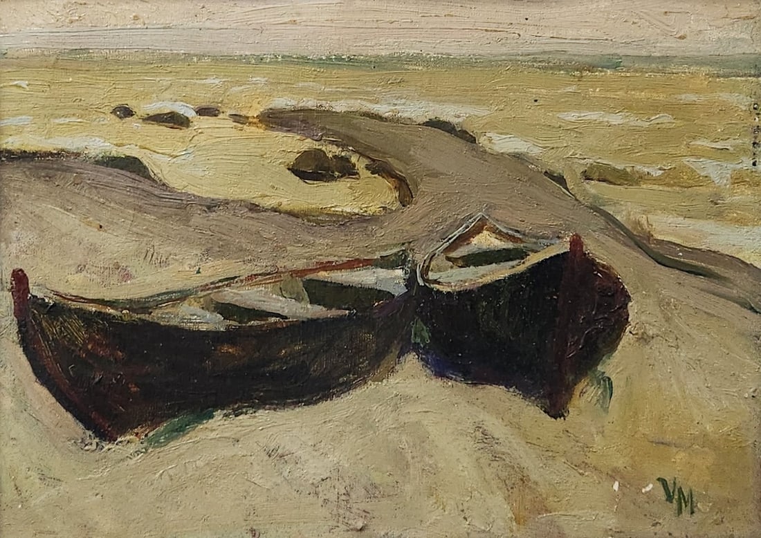 'Two Boats on the Shore' - oil on panel, signed with initials: 'Two Boats on the Shore' - oil on panel, signed with initials, two paint chips near the signature (photographed). Dimensions: 24x33 cm