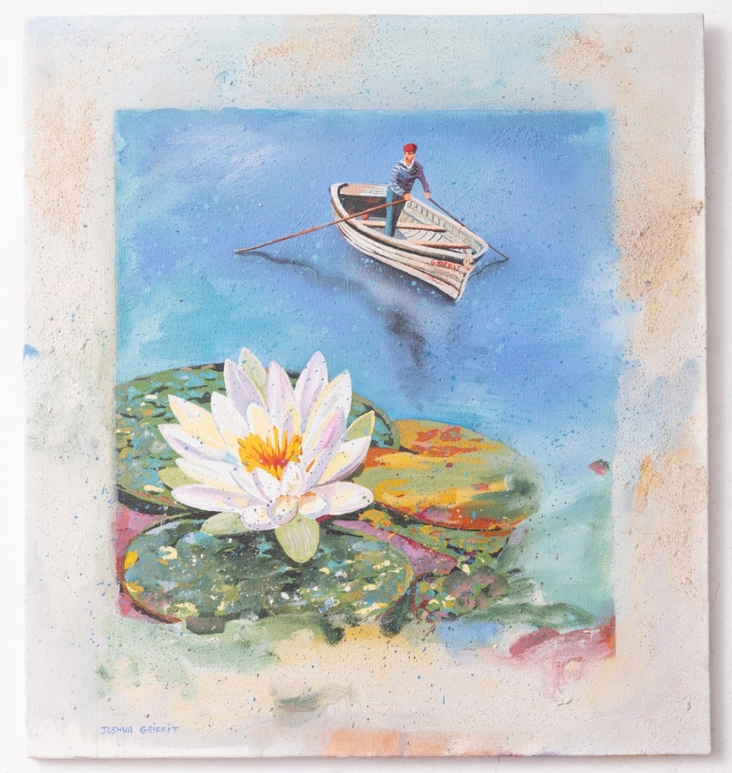 Joshua Griffit (Israeli, b.1951) - Boat and Lotus, oil on canvas board: Joshua Griffit (Israeli, b.1951) - Boat and Lotus, oil on canvas board, dimensions: 54X50 cm