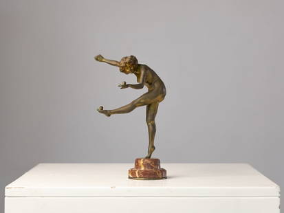 Art Deco Bronze Sculpture by Claire Colinet (1880-1950, France): Art Deco Bronze Sculpture by Claire Colinet (1880-1950, France), titled "The Juggler", this Art Deco bronze sculpture features traces of gold plating and rests on a tiered marble base. Unsigned, circa