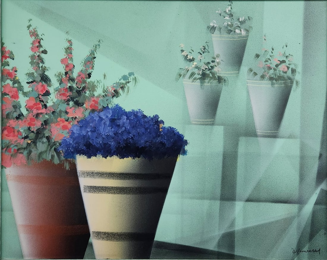 Leon Belaunzaran (Mexico B.1944) - 'Five flower pots' Oil on canvas (1 of 6)