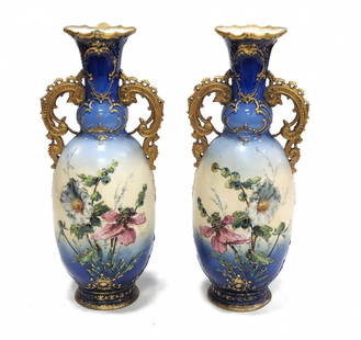 Pair of Signed Antique Czech Vases by Ernst Wahliss: Pair of Signed Antique Czech Vases by Ernst Wahliss, porcelain vases, hand-painted with enamel and gilded details. Both bases have old restorations, and one vase has a repair to the upper rim