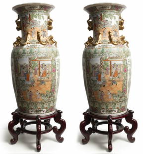 Pair of Monumental Chinese Cantonese Floor Vases with Stands: Pair of Monumental Chinese Cantonese Floor Vases with Stands, porcelain vases decorated with hand-painted enamel and gilt details in the classic Cantonese Mandarin style. Offered together with a pair