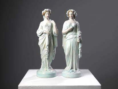 Pair of Antique Porcelain Figurines, Allegory of Autumn and Spring: Pair of Antique Porcelain Figurines, Allegory of Autumn and Spring, pair of 19th Century Antique Porcelain Figurines, representing an allegory of Autumn and Spring, adorned with hand-painted details