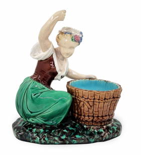 Antique 19th Century English Majolica Match Holder by Minton, circa 1865: Antique 19th Century English Majolica Match Holder by Minton, circa 1865, signed piece, crafted in majolica, modeled as a young laundress after a design by Albert-Ernest Carrier-Belleuse (French,