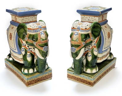 Pair of Chinese Elephant-Form Garden Seats / Stands: Pair of Chinese Elephant-Form Garden Seats / Stands, porcelain garden chairs in the form of elephants, also suitable for use as flowerpot stands. Each with a minor flaw (documented in photos).