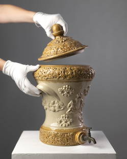 Antique 19th Century English Ceramic Water Tank: Antique 19th Century English Ceramic Water Tank, made of ceramic, fitted with a cork stopper and metal faucet. Chip to the lid handle Total Height: 44 cm? Width (including handles): 26 cmNotice: We
