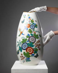 Large Porcelain Floor Pitcher by Thomas (a Rosenthal Company): Large Porcelain Floor Pitcher by Thomas (a Rosenthal Company), tall, flat-form pitcher decorated on the front with hand-painted enamel work, signed. Height: 62 cm? Width: 32 cmNotice: We are located i