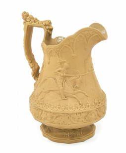 Antique Victorian Earthenware Pitcher by William Ridgway, circa 1840: Antique Victorian Earthenware Pitcher by William Ridgway, circa 1840, decorated with embossed motifs and signed. This model was first introduced in 1840. Small chip to the rim. Total Width: 22.5 cm?