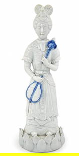 Antique Chinese Blanc de Chine Porcelain Statue with Cobalt Accents: Antique Chinese Blanc de Chine Porcelain Statue with Cobalt Accents, unsigned, from the Republic Period (1912-1949). There is a missing piece at the tip of the lotus branch (photographed). Height: 31