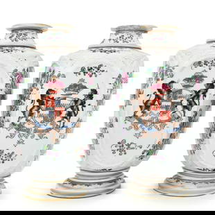 Pair of 19th Century Edme Samson French Porcelain Vases: Pair of 19th Century Edme Samson French Porcelain Vases, decorated with enameled and hand-painted designs, featuring metal mounts, unsigned. One vase has a chip on the rim (as photographed). Height: 2
