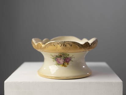 Victorian English Pottery Vase Stand, Likely Staffordshire: Victorian English Pottery Vase Stand, Likely Staffordshire, pottery base decorated with printed rose blooms on a cream-colored ground. Unsigned. Height: 12.5 cm? Lower Base Diameter: 23 cm? Upper Surf