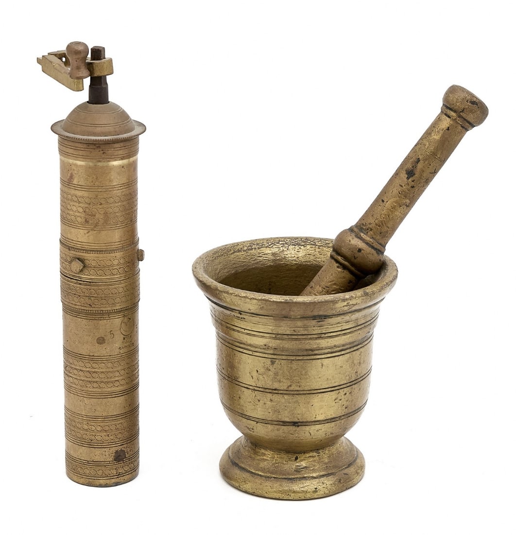 Two Antique Metal Items: 19th Century Islamic Bronze Mortar and Brass Grinder: Two Antique Metal Items: 19th Century Islamic Bronze Mortar and Brass Grinder, height of the mortar: 14 cm Including pestle: 27 cm Height of the pepper grinder: 30 cmNotice: We are located in Israel a