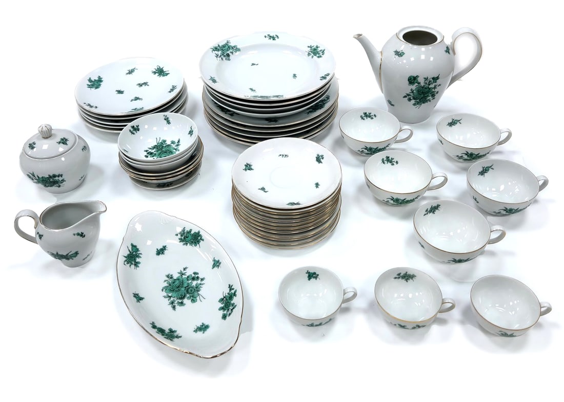 German Porcelain Dinner Set Parts, Decorated with Green Print, Signed (1 of 12)