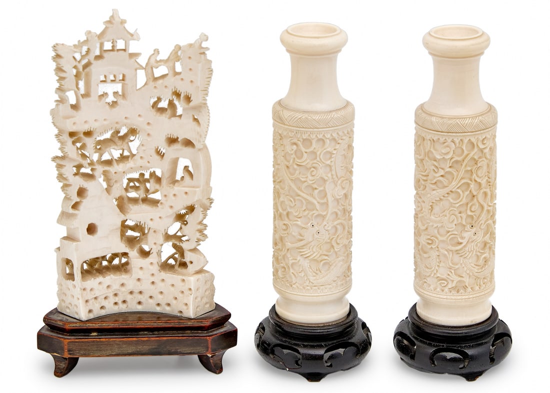 3 Chinese Table Decorative Objects Made of Carved Natural Material with Wooden Bases: 3 Chinese Table Decorative Objects Made of Carved Natural Material with Wooden Bases, width of items respectively 5, 9 cm Total height with bases 20, 19.5 cmNotice: We are located in Israel and provid