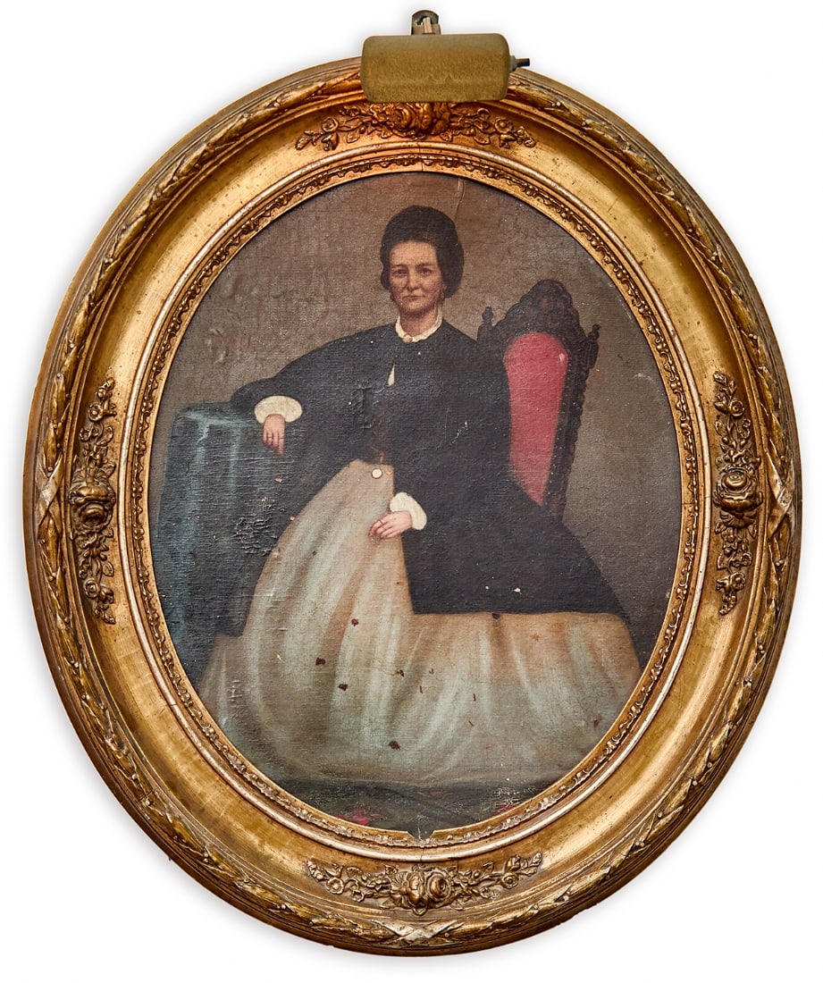 'Noblewoman with Pocket Watch Sitting on a Black Chair' - 19th Century Antique Painting (1 of 3)