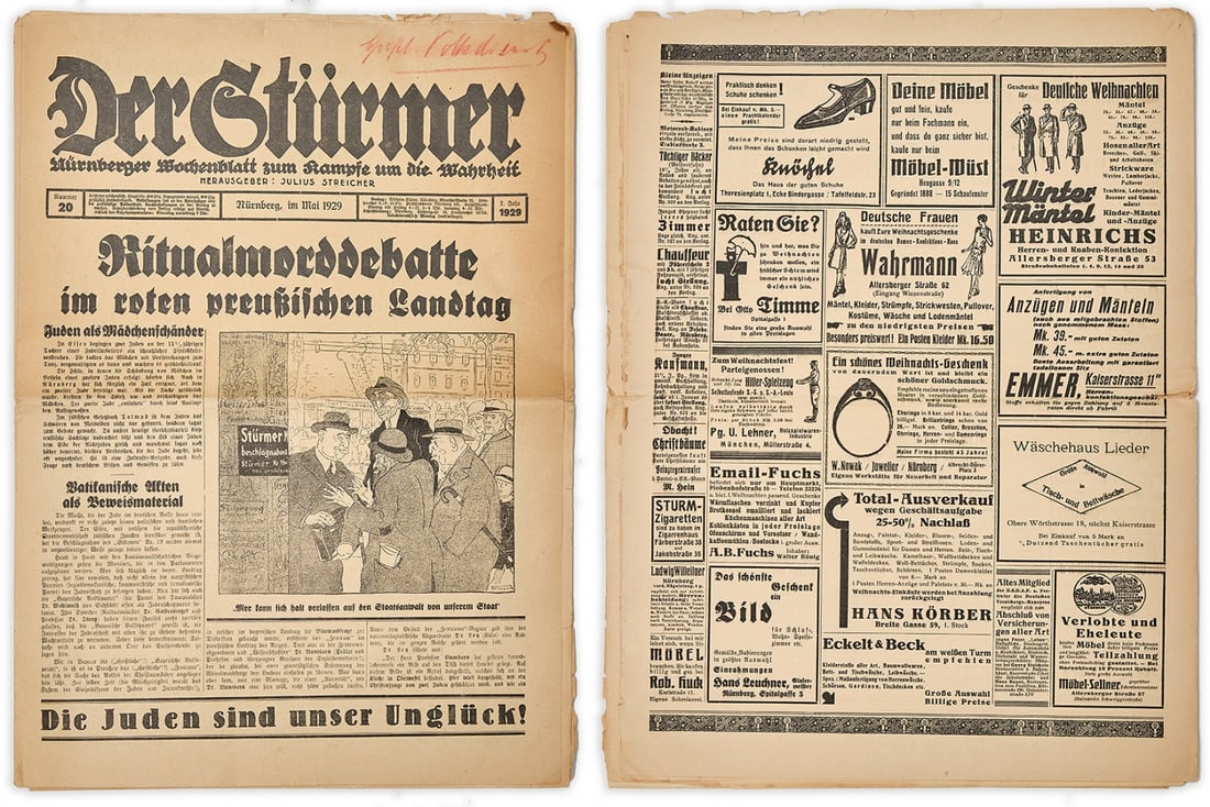 Three Original Issues of the Nazi Newspaper "Der Sturmer" Germany, 1929-1933: Three Original Issues of the Nazi Newspaper "Der Sturmer" Germany, 1929-1933, a collection of three original issues of the Nazi newspaper "Der Stürmer", edited by Julius Streicher, published in Nurem