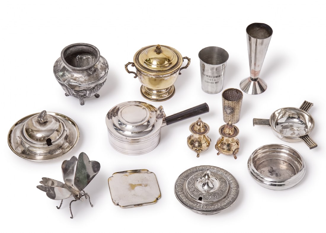 13 Various Items Made of Different Metals, Some Silver-Plated, Some Signed: 13 Various Items Made of Different Metals, Some Silver-Plated, Some Signed, width of the butterfly: 12 cm Height of the candlestick: 16 cmNotice: We are located in Israel and provide full packing and