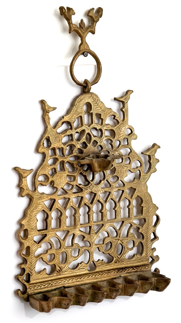 Old Hanukkah Lamp Made of Cast Brass in North African Style, Decorated with Bird Pattern (1 of 6)