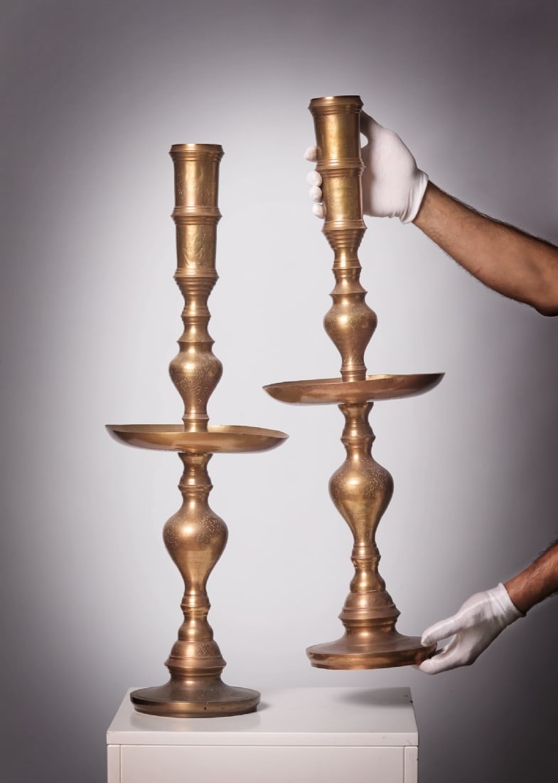 Pair of Large Antique Moroccan Floor Candlesticks, Made of Cast Brass: Pair of Large Antique Moroccan Floor Candlesticks, Made of Cast Brass, height: 77 cm Maximum diameter: 27 cmNotice: We are located in Israel and provide full packing and shipping service. You can ask
