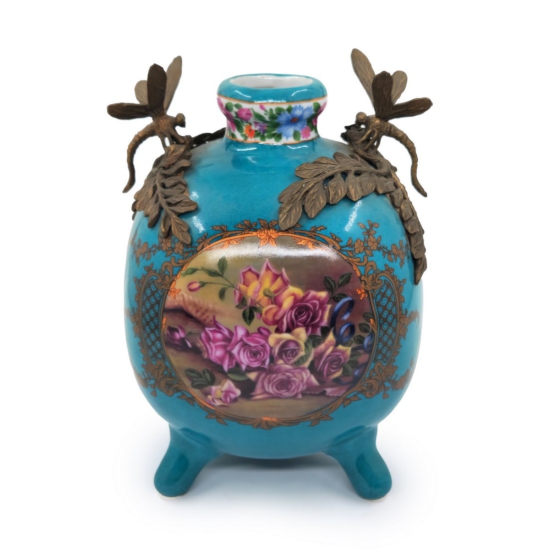 Bulbous Bottle-Shaped Ceramic Vase Decorated with Rose Prints on a Turquoise Background, Unsigned (1 of 4)