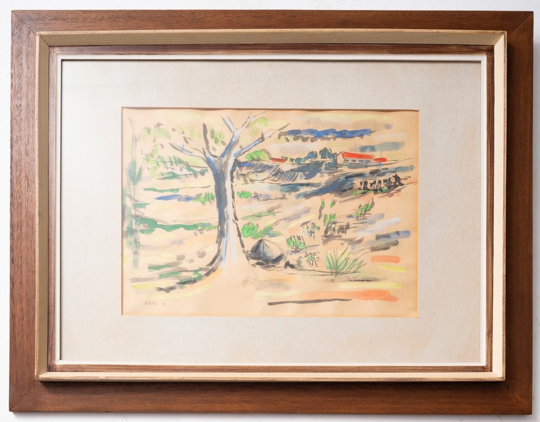 David Hendler (1904-1984, David Hendler) - A tree against the background of a kibbutz (1 of 3)