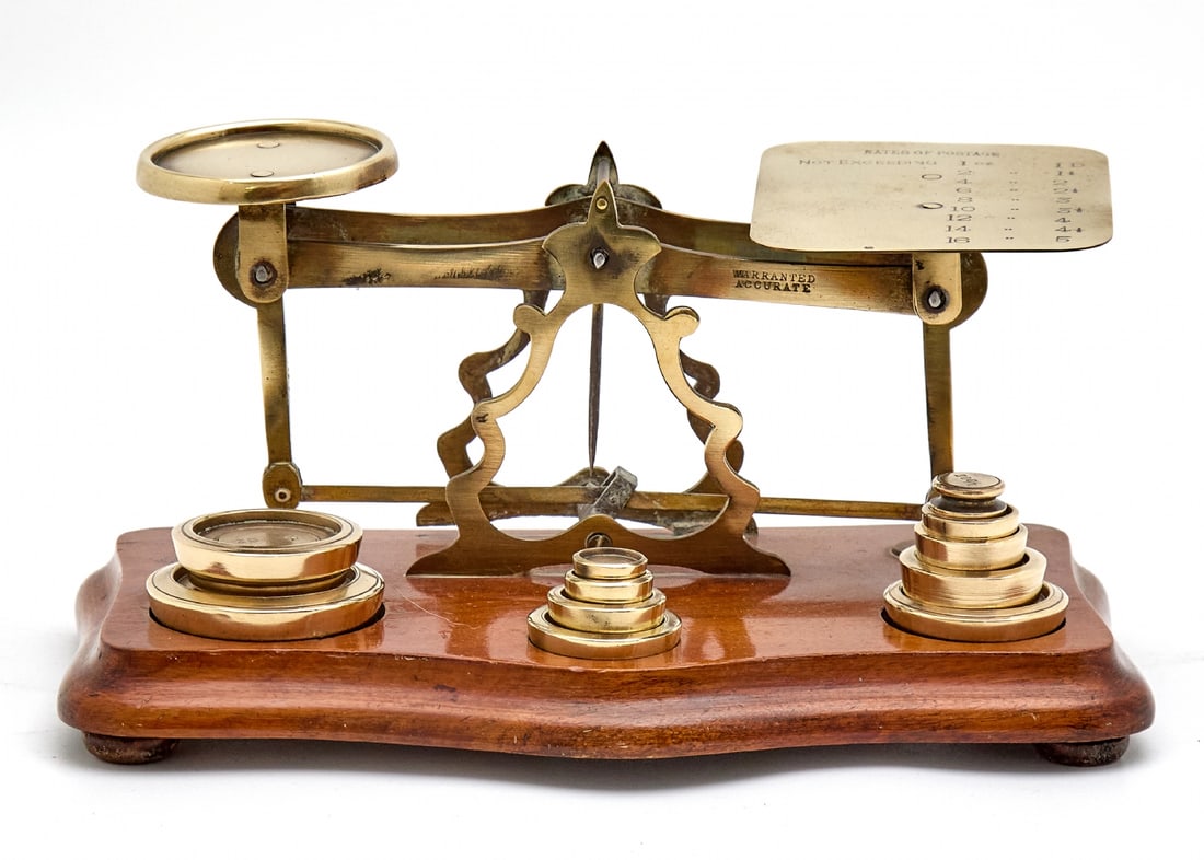 Antique Wooden and Brass Balance Scale with 11 Weights (1 of 5)