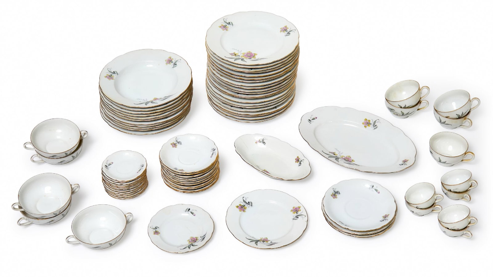 Set Parts by MZ Porcelain Austria: Set Parts by MZ Porcelain Austria, the set includes: 21 plates: 25 cm 11 bowls: 25 cm Oval serving plate: 22.5 cm (hairline crack) Oval serving plate: 33 cm 4 plates: 17 cm 12 plates: 15.5 cm 11 plate