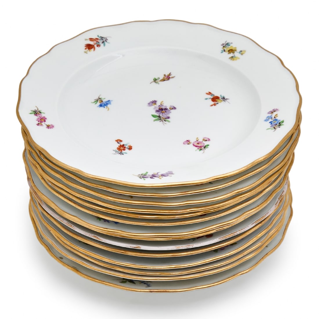 14 High-Quality Antique German Main Course Plates by Meissen: 14 High-Quality Antique German Main Course Plates by Meissen, decorated with hand-painted German garden flowers in enamel and gold, signed Diameter: 24.5 cmNotice: We are located in Israel and provide
