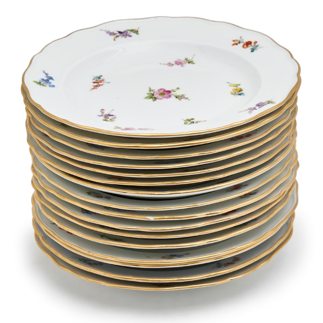 16 High-Quality Antique German Starter Plates by Meissen: 16 High-Quality Antique German Starter Plates by Meissen, decorated with hand-painted German garden flowers in enamel and gold, signed Diameter: 20 cmNotice: We are located in Israel and provide full