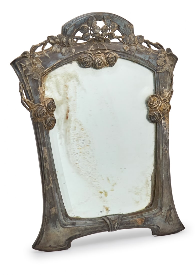For Collectors: Tabletop Makeup Mirror for Toilette, by Moritz Hacker: For Collectors: Tabletop Makeup Mirror for Toilette, by Moritz Hacker, Austria, Vienna, made of pewter plated with silver, stamped twice. 19th century, bearing a monogram. Shows signs of corrosion.