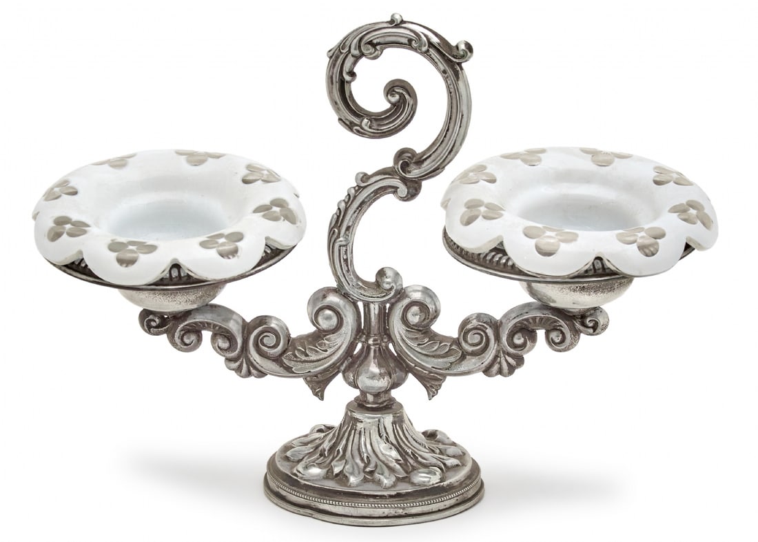 Antique Bohemian Tabletop Salt and Pepper Stand, Silver-Plated Metal and Glass (1 of 6)
