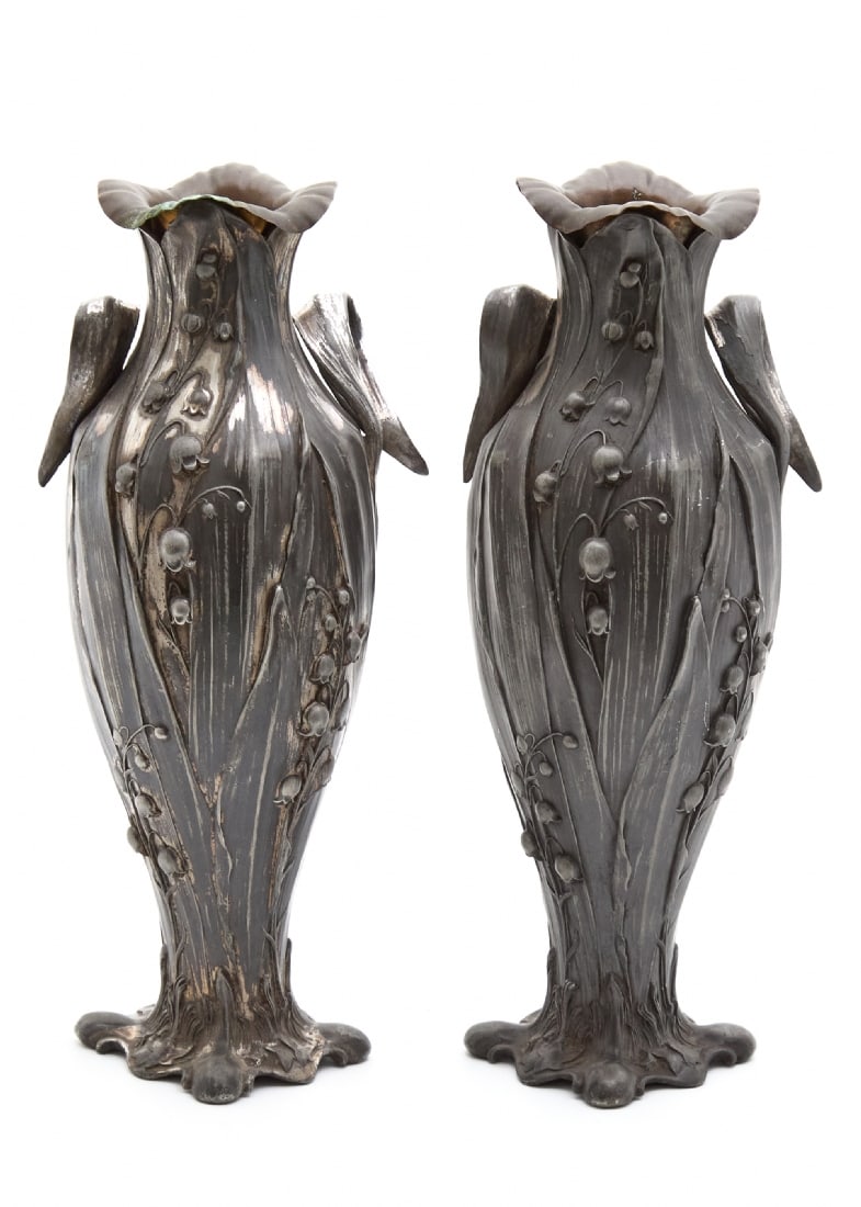 Pair of Antique German Art Nouveau Pewter Vases: Pair of Antique German Art Nouveau Pewter Vases, includes two original copper liners for water, signed W.M.F.B (indicating Britannia-metal), circa 1900 Height: 26 cm Width: 10 cm Period: Art Nouv
