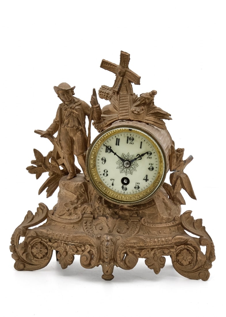 Antique 19th Century French Mantel Clock Made of Spelter Painted in Gold (1 of 2)