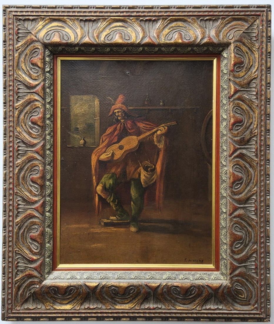 'Wanderer Playing Guitar' - Oil on Board, Signed: F. ALVAREZ (1 of 4)