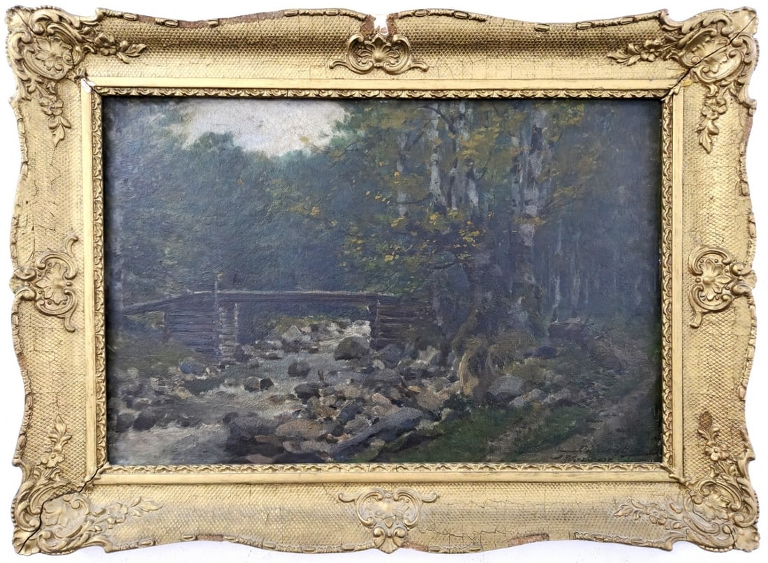 Laszlo Dioszeghy (Hungary, 1875-1942) - 'Bridge Over Stream', Oil on Cardboard, Signed (1 of 5)