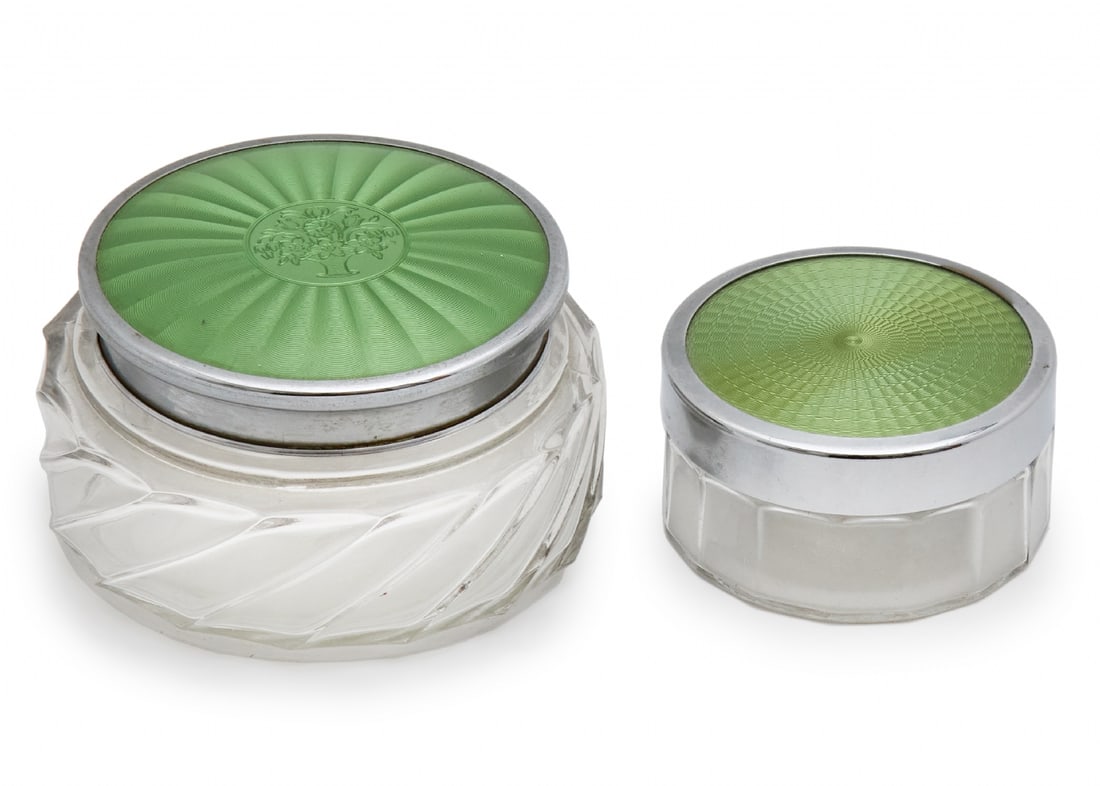 Pair of Glass Boxes with Green Guilloch?© Enamel Lids, Art Deco Style, 1930s (1 of 2)