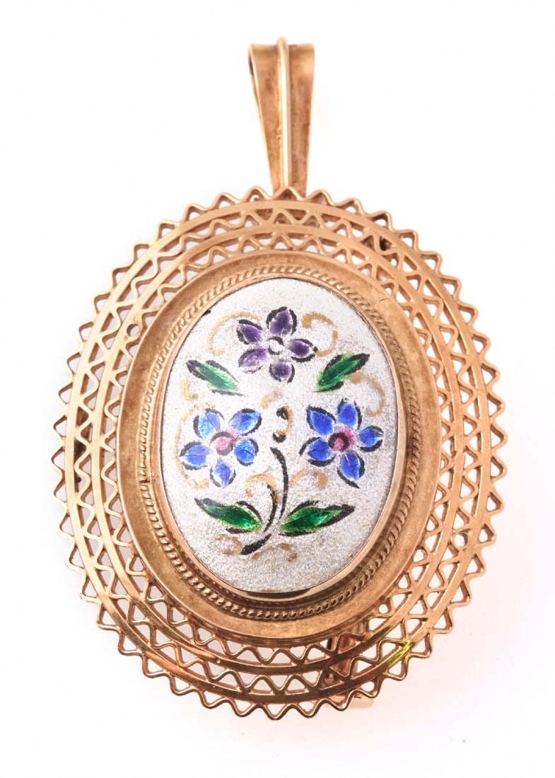 Pendant That Can Also Be Used as a Brooch, Made of 14 Karat Yellow Gold and Decorated with Enamel (1 of 3)