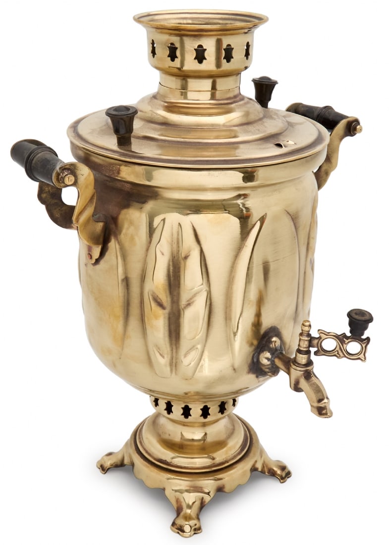 Cylindrical Metal Charcoal Samovar ('Banka') with Maple Leaf Decoration (1 of 4)