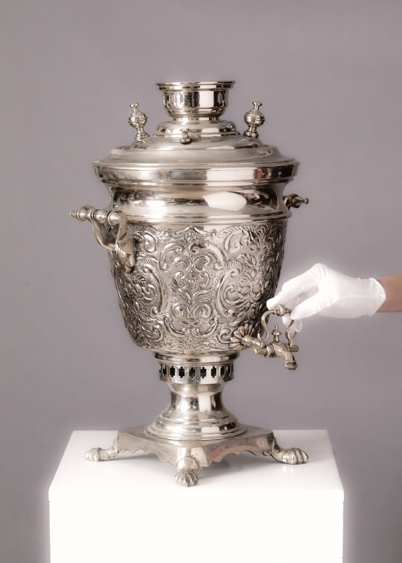 Large Metal Charcoal Samovar Decorated with Reliefs, in 'Rumka' (Cup) Shape (1 of 6)
