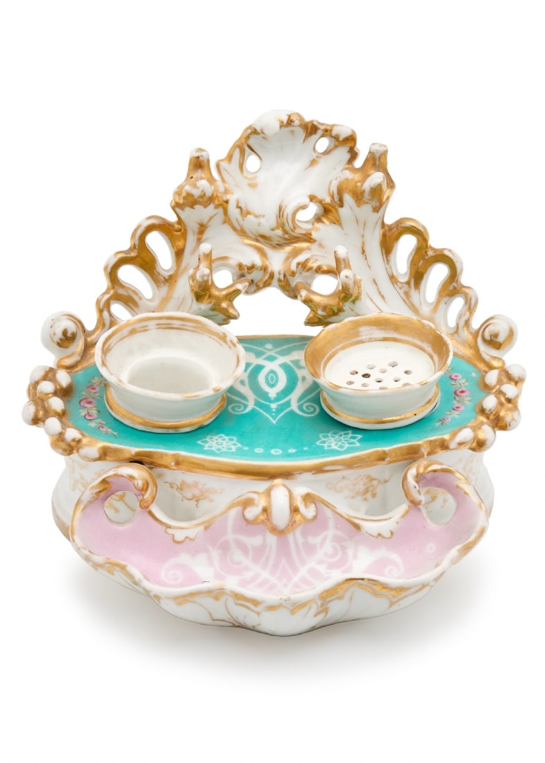 Antique French Inkwell from One of the Old Paris Factories: Antique French Inkwell from One of the Old Paris Factories, Made of porcelain, includes ink well without lid and talc shaker, hand-painted with enamel and gold, signed. Produced circa 1840-1850. 