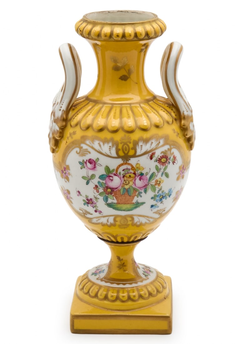 Antique French Porcelain Vase circa 1920: Antique French Porcelain Vase circa 1920, Decorated with hand-painted enamel and gold on a mustard yellow background, bearing a manufacturer's sticker. Height: 32.5 cm Width: 16 cm Notice: We are loca